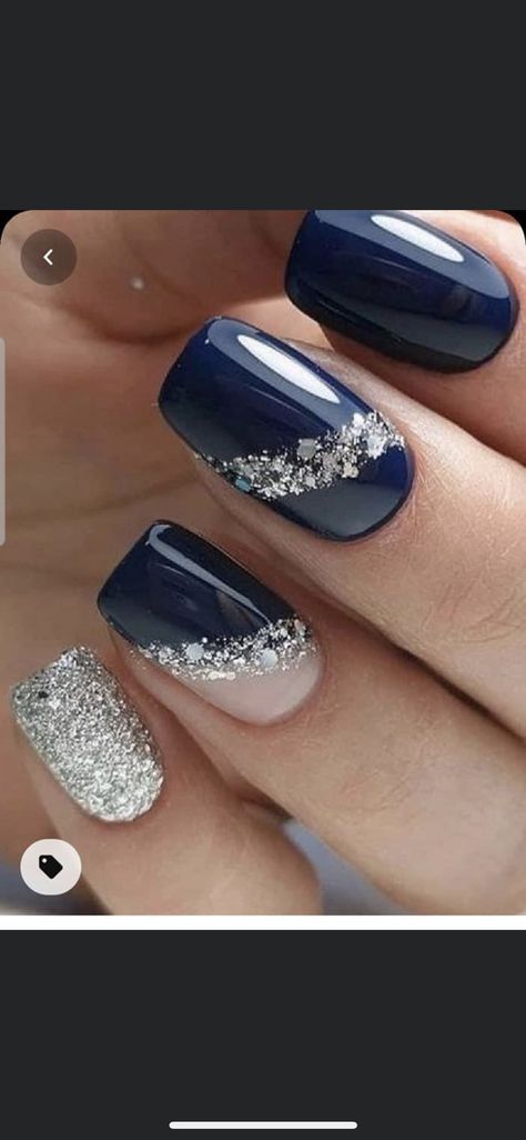 Gel Navy Blue Nails, Dark Blue And Silver Sparkle Nails, Navy And White Wedding Nails, Sapphire And Silver Nails, Nails For Navy Dress Wedding, Navy Bridesmaid Nails, Dark Blue And Rose Gold Nails, Navy Blue Bridesmaid Nails, Blue And Champagne Nails