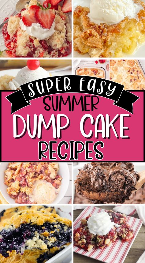 Super easy dump cake recipes on a Pinterest pin Cake Mix Dump Cake 3 Ingredients, Dump Cake Recipes With Soda, Easy Box Dessert Recipes, Dump Cake With Brownies, Quick And Easy Dump Cakes, Lazy Baking Recipes, Simple Dump Cake Recipes, Summer Dump Cake Recipes, Dessert Recipes Dump Cake