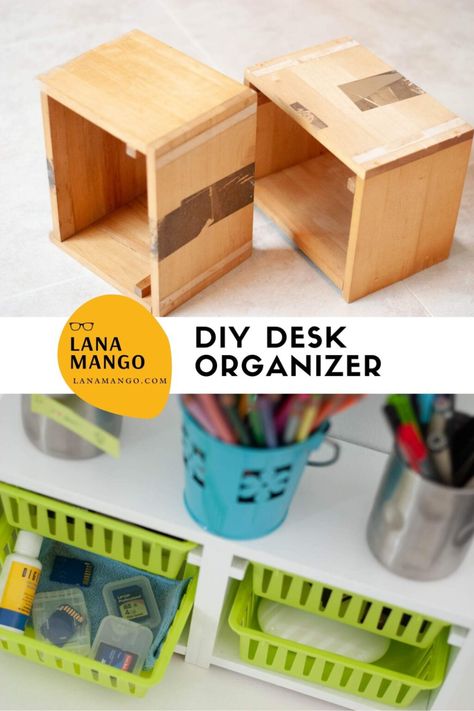 DIY Desk Organizer 2 Desk Tidy Diy, Ikea Desk Organization, Desk Organization Ikea, Diy Storage Desk, Diy Desk Organizer, Study Desk Organization, Mini Trash Can, Cd Holder, Desk Organization Diy