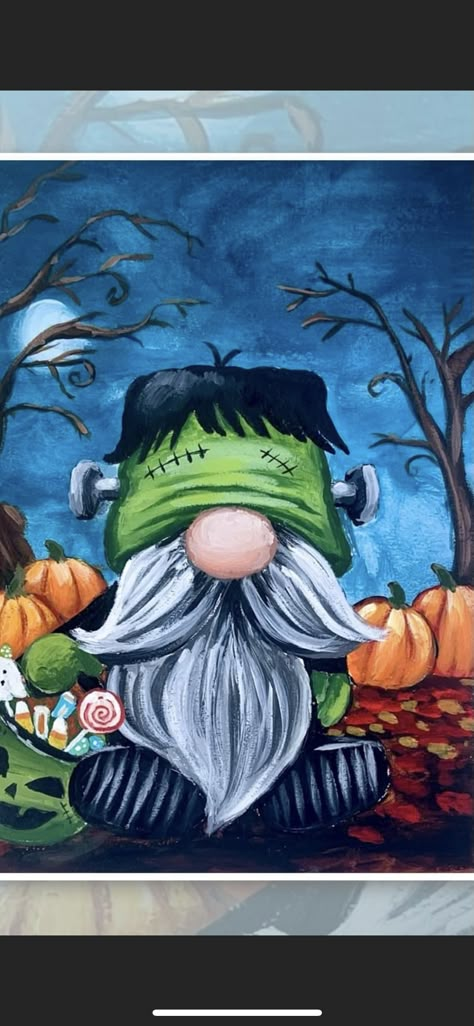 Halloween Nomes Painting, Ghost Gnome Painting, October Acrylic Painting Ideas, Acrylic Painting Knomes, Funny Fall Wallpaper, Witch Gnome Painting, Scarecrow Gnome Painting, Halloween Gnomes Painting, Gnome Acrylic Painting