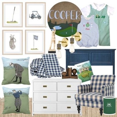 Golf boys bedroom baby kid child children’s bedroom bed headboard dresser white navy bedding plaid check sheets at twin throw pillow golfer golfing golfed lover wastebasket golf ball golf club golf bag golf flag golf bubble outfit Personalized Monogrammed John John Gingham green Wall plaque masters Tiger Woods Book story bookends Bedroom design inspo play room inspiration home Decour home styling Preppy classic traditional style Blue plaid chair buffalo check http://liketk.it/37yKn @liketoknow. Preppy Toddler Boy, Bedroom Bed Headboard, Golf Nursery, Bubble Outfit, Plaid Chair, Golf Flag, Golf Room, Navy Bedding, Golf Baby