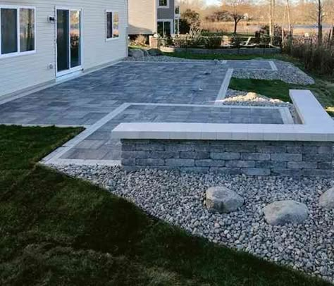 Paver Patios And Walkways, Paver Patio With Hot Tub, Front Paver Patio Ideas, Patio With Stone Border, Easy Patio Paver Ideas, Stone And Concrete Patio, Grey Pavers Patio Backyards, Farmhouse Paver Patio, Paver Patio On A Slope