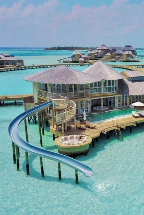 Maldives House On Water, Mansion On The Water, Bahamas House On Water, House In Water, House On The Ocean, Huts On The Water, House On Water, Cool Water Slides, Maldives Water Villa