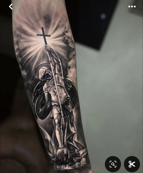 Tattoo Men Arm Forearm, St Michael Tattoo, Samurai Tattoo Sleeve, Arm Tattoos For Guys Forearm, Michael Tattoo, Family Tattoos For Men, Arm Tattoos Drawing, Tattoo Ideas Males, Half Sleeve Tattoos Forearm