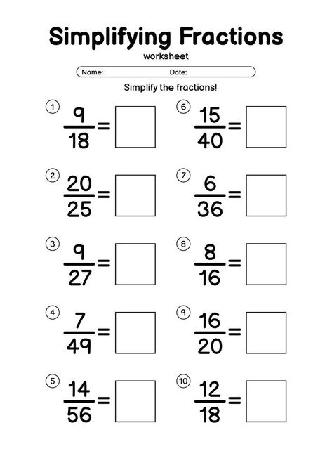 Simplify fractions and reinforce grade 5 math skills with these downloadable worksheets. Sharpen math proficiency and build confidence with engaging fraction exercises. Help your students master the concept of simplifying fractions for academic success. #mathhelp #fractions #grade5math #simplifyingfractionsworksheets Simplify Fractions Worksheet, Simplify Fractions, Worksheets For Grade 5, Numerator And Denominator, Simplest Form Fractions, Grade 5 Math, Grade 5 Math Worksheets, Greatest Common Factor, Math Fractions Worksheets