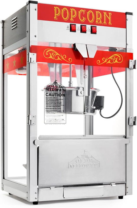 Top quality: Fashioned with updated modern features, this attractive popcorn machine offers visual appeal and lasting durability. Constructed of commercial-quality, heavy-duty stainless steel and 1300 watts of power this 12-ounce kettle can produce about 5-gallons of popcorn per batch to satisfy large crowds. Commercial Popcorn Machine, Popcorn Makers, Popcorn Popper, Popcorn Machine, Large Crowd, Concession Stand, Stainless Steel Accessories, Coffee Machines, Small Kitchen Appliances