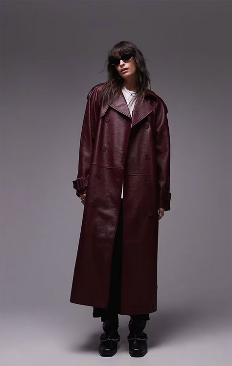 Burgundy Leather Coat, Faux Leather Trench Coat, Joni Jeans, Gucci Jacket, Trench Coat Outfit, Leather Jacket Outfits, Leather Trench, Spring Floral Dress, Winter Party Dress