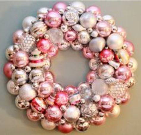 Pink And White Christmas, Vintage Ornament Wreath, Pink Christmas Wreath, Pink Xmas, Pink Wreath, Pink Ornament, Christmas Ornament Wreath, Pink Holiday, Shabby Chic Christmas