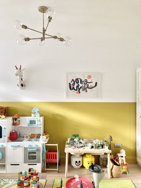 Playroom Ideas Yellow, Mustard Yellow Playroom, Mustard Playroom, Yellow Playroom, Green Playroom, Mustard Yellow Paints, Playroom Idea, Cafe Style Shutters, Puddle Jumper