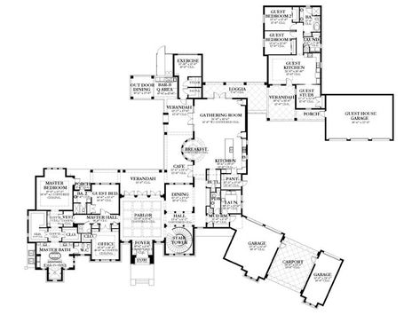 1st Floor Plan, 064H-0093 Multigenerational House Plans, Multigenerational House, Mediterranean Style House, Luxury Plan, Mediterranean Style House Plans, Mansion Floor Plan, Bedroom Floor Plans, Luxury House Plans, Ranch House Plans