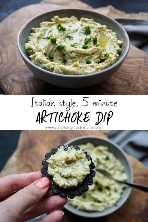 This 5 minute recipe for Italian style Artichoke Dip is a perfect quick and easy crowd-pleaser. With just a few staple pantry ingredients and artichoke hearts, you can whip up a snack, appetizer, or as we do in Italy, a nice Aperitivo. Cold Artichoke Dip Recipe, Cold Artichoke Dip, Canned Artichoke Recipes, Italian Artichoke, Artichoke Appetizer, Artichoke Heart Recipes, Italian Appetizers Easy, 5 Minute Recipe, Italian Antipasto