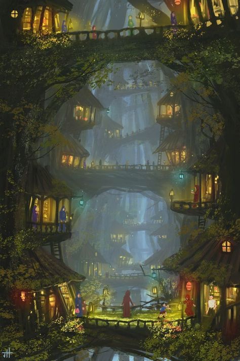 Fantasy City, In The Woods, Trees, Art