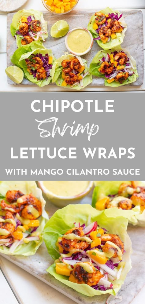 looking for a healthy easy summer dinner? These healthy Shrimp Lettuce Wraps are filled with sweet and spicy honey chipotle shrimp and are served with creamy mango cilantro lime sauce. These flavor-packed Shrimp tacos make the perfect handheld appetizer, game day snack or low-carb lunch or dinner! Honey Chipotle Shrimp, Cilantro Shrimp, Lettuce Wraps Healthy, Shrimp Lettuce Wraps, Chipotle Shrimp, Cilantro Lime Sauce, Easy Summer Dinners, Honey Chipotle, Cilantro Sauce