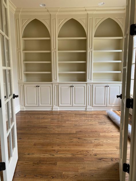 Built In Arch Bookshelves, Moody Bookcase, Booktok Room, French Country Library, Home Interior Paint Colors, Diy Built In Bookcase, Home Library Wall, Bookcases Ideas, Apartment Fever