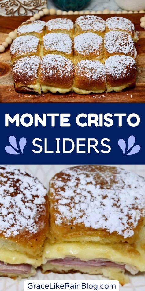 Monte Cristo Sandwich Sliders with Hawaiian Rolls - Grace Like Rain Blog Sliders With Hawaiian Rolls, Monte Cristo Sliders, Stovetop Appetizers, Sliders On Hawaiian Rolls, Sandwich Sliders, Hawaiian Roll Sandwiches, Hawaiian Roll Sliders, Rolled Sandwiches, Hawaiian Roll