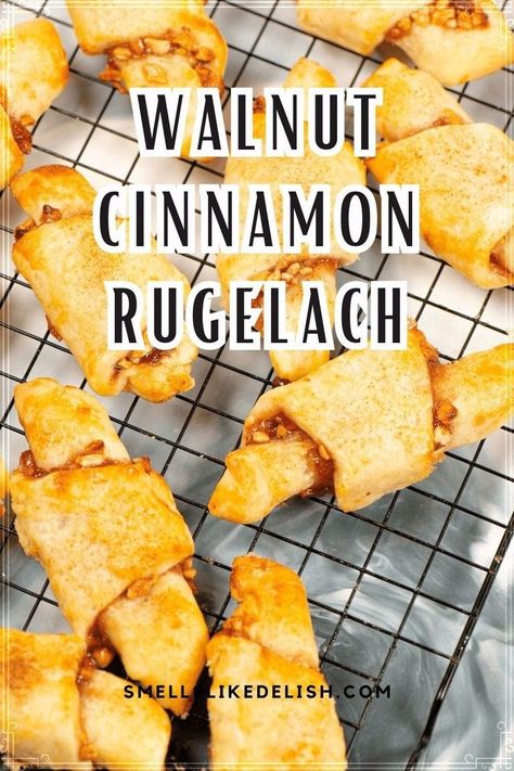 Experience the perfect balance of sweet and nutty flavors with these cinnamon rugelach cookies. Made with a buttery dough, cinnamon sugar filling, and crunchy walnuts, they're sure to become your new favorite cookie. Chocolate Rugelach, Rugelach Cookies, Rugelach Recipe, Cream Cheese Pastry, Cheese Pastry, Hanukkah Food, Jewish Recipes, Pastry Dough, Roasted Turkey