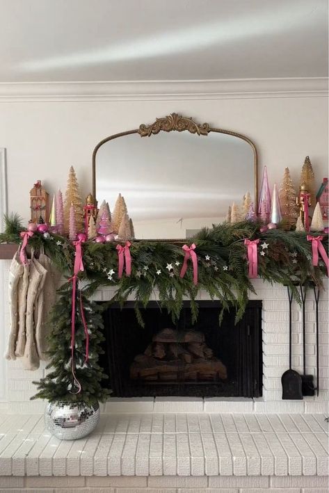 Metallic Gold Trim Ribbon curated on LTK Christmas Beam Decoration, Holiday Ribbon Decoration, Faux Cedar Garland, Christmas Fireplace Garland, Ribbon Chandelier, Christmas Garland Mantle, Cedar Garland, Mantel Decor Ideas, Christmas Mantel Decor