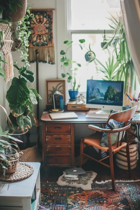 Creating My Dream Bohemian Boho Office Space Hippie Office Desk, Home Office Boho Chic, Boho Office Space, Boho Workspace, Bohemian Office Space, Boho Office Space Workspaces, Boho Office Room, Bohemian Desk, Boho Home Office