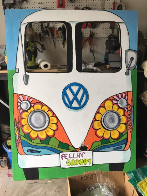 here's the VW Bus cutout for the St Jude Carnival Vw Bus Party Decorations, Hippie Trunk Or Treat Ideas, Diy Vw Bus Photo Prop, Cardboard Vw Bus, Diy Vw Bus, Vw Bus Photo Prop, Groovy Bus Photo Prop, Vw Bus Cardboard Cutout Diy, Vw Bus Cutout Photo Booth