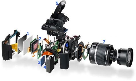 How to Buy (and What's Inside) a Digital SLR Camera - article is a few years old but I liked the picture showing all its components. Digital Camera Accessories, Exploded View, Canon Dslr, Camera Digital, Camera Hacks, Photography Classes, Photography Gear, Canon Camera, Camera Gear