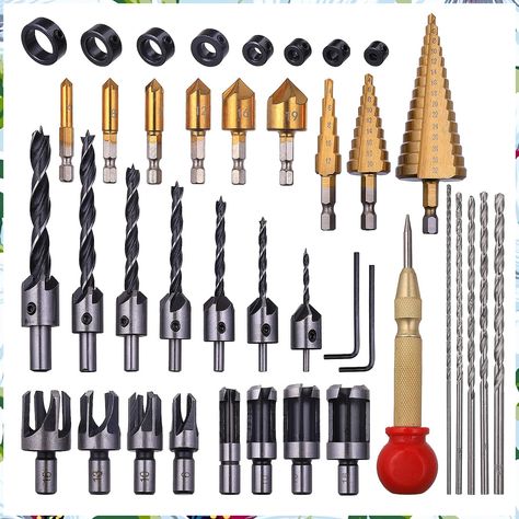 Rocaris 39 Pack Woodworking Chamfer Drilling Tools, Including Countersink Drill Bits, L-Wrench, Wood Plug Cutter, Step Drill Bit, Center Punch, Drill Stop Bit Collar Set, Twist Drill Bit Tool Woodworking Drill Bits, Wood Drill Bits, Step Drill, Drilling Tools, Wood Plugs, Gaming Room Setup, Woodworking Skills, High Speed Steel, Room Setup