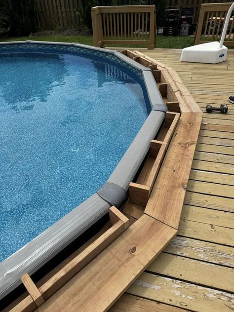 Above Ground Swimming Pools Group | Was never a fan of the deck being under the pool rail | Facebook Back Deck With Pool, Swimming Pool Slides, Pool Rails, Decks Around Pools, Swimming Pool Accessories, Pools Backyard, Round Pool, Pool Slide, Solar Pool