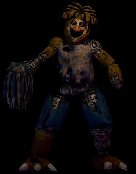 Chicsy is one of the main antagonists in The Twisted Carnival. Chicsy is an animatronic chicken that resembles Chica. She is decayed leaving decay marks on her mask, and instead of hands she has pom poms in which she is missing the left one. Her bib does not have anything on it, except for some stars. Her bib is torn up as well, along with some blue shorts. Twisted Carnival, Creepy Fnaf, Fnaf Horror, She Mask, Animatronic Fnaf, Fnaf 1, Fnaf Memes, Fnaf Characters, Yellow Hair