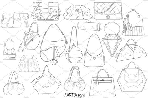 Hand Bags For Women Illustration, How To Draw Purses, Hand Bag Design Sketch, How To Draw Bag, Purse Design Drawing, Bags Drawing Design Sketch, Bag Drawing Design, Hand Bag Drawing, Shoulder Bag Drawing