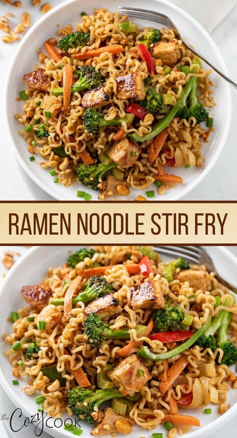 This Ramen Noodle Stir Fry is an easy weekday meal with chicken, vegetables, and the best peanut sauce! It's budget friendly and makes a great last minute dinner idea. Healthy Ramen Stir Fry, Ramen Stir Fry Vegetarian, Ramen Noodles With Vegetables, Rice Ramen Noodle Recipes Chicken, Ramen Noodle Bowls Chicken, Ramen With Vegetables, Teriyaki Chicken Ramen Noodle Recipes, Ramen Stir Fry Sauce, Shrimp Ramen Stir Fry