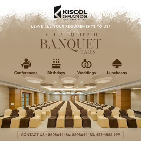 hotels Coimbatore banquet boardroom Banquet Hall Creative Post, Banquet Hall Poster Design, Hotel Creatives, Hotel Marketing Design, Wedding Banquet Hall, Wedding Luncheon, Menu Design Inspiration, Hotel Ads, Function Hall