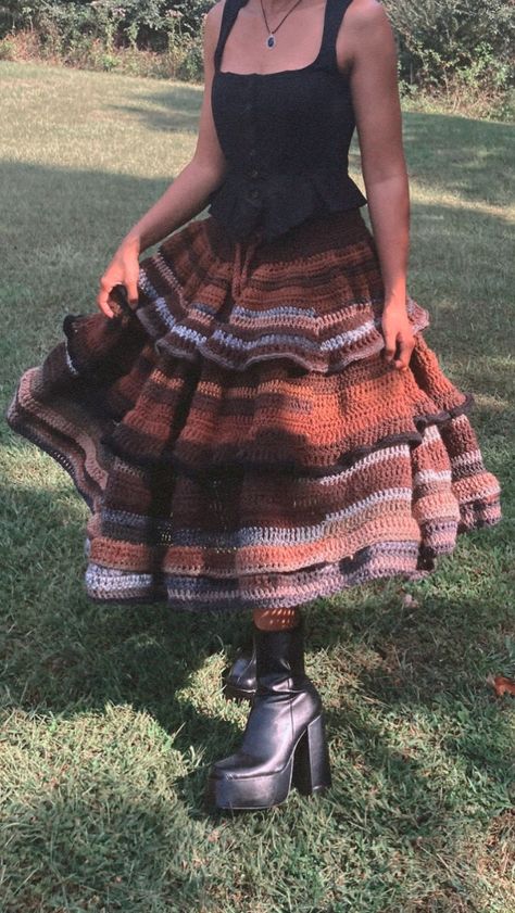 Crochet Vintage Skirt, Crocheted Outfits Aesthetic, Crochet Top With Skirt, Alt Easter Outfit, Crochet Fairy Skirt Pattern, Crochet Maxi Skirt Outfit, Avant Garde Crochet, Fall Crochet Patterns Clothes, Whimsical Core Outfits