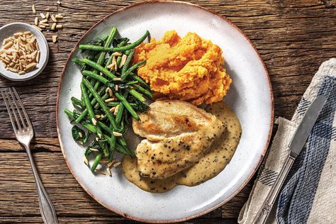 Chicken & Creamy Peppercorn Sauce Recipe | HelloFresh Hello Fresh Chicken, Hellofresh Vegetarian, Peppercorn Sauce Recipe, Creamy Peppercorn Sauce, Seared Chicken Breast, Peppercorn Sauce, Fresh Meals, Cooking Cream, Hello Fresh Recipes