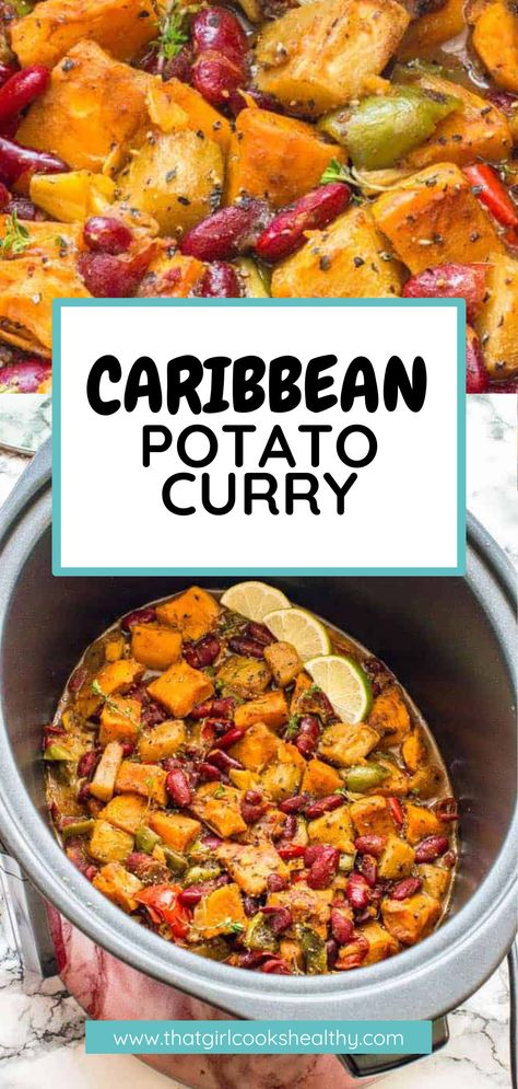 Crockpot Caribbean Potato Curry close up in the slow cooker. Veg Slow Cooker Recipes, Vegan Caribbean Recipes, Vegan Kidney Bean Recipes, Kidney Beans Recipes, Potato Slow Cooker, Kidney Bean Recipes, Kidney Beans Recipe, Curried Vegetables, Caribbean Curry