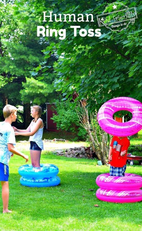 Human Ring Toss Game - A Fun and Easy Summer Outdoor Game for Kids and Adults - DIY game for the backyard or even indoors - Would also make a great Minute To Win It game! www.kidfriendlythingstodo.com Backyard Field Day Games, Vbs Games For Kids Indoor, Backyard Relay Games, Water Relay Games For Kids, Luau Games For Adults, Luau Games For Kids, Luau Party Games For Kids, Water Games For Field Day, Vbs Games Outdoor