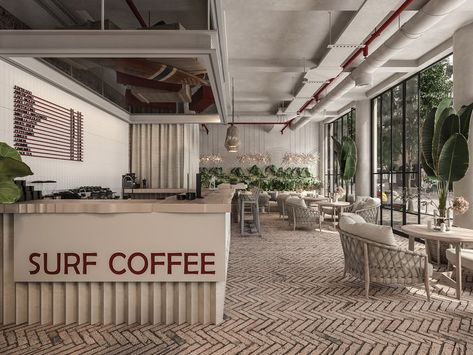 Surf Coffee Shop, Surf Coffee, Kentish Town, Coffee Logo, Coffee Shop Design, Coffee Decor, Cafe Interior Design, Architecture Visualization, Speciality Coffee