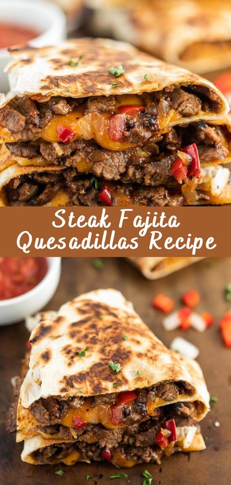 Steak Fajita Quesadillas Recipe Introduction Steak Fajita Quesadillas are the perfect fusion of Tex-Mex flavors and cheesy goodness. These quesadillas are filled with tender slices of marinated steak, sautéed bell peppers, onions, and plenty of melted cheese. Whether you’re looking for a quick weeknight dinner or a tasty appetizer for a gathering, these quesadillas will […] The post Steak ... Loaded Steak Quesadillas, Recipes With Fajita Steak, Steak Quesadillas Recipes, Chicken And Steak Quesadilla Recipes, Steak And Cheese Recipes, Steak Flautas Recipe, Hungry Man Meals, Ways To Use Steak, Fancy Quesadillas