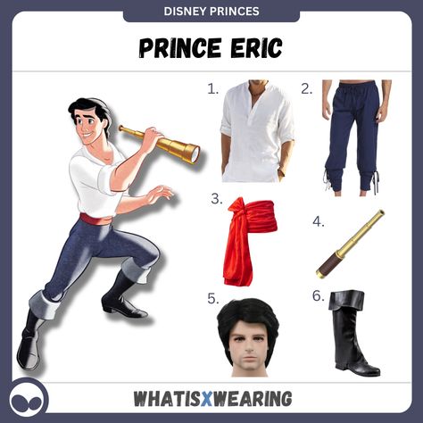 Dress like Prince Eric from Disney's Little Mermaid with this simple but awesome costume idea for men! Disney Prince Costume, Prince Eric Costume, Inside Out Costume, Short Black Wigs, Outfit Tutorial, Pirate Boots, Little Mermaid Costume, Prince Costume, Costume Guide