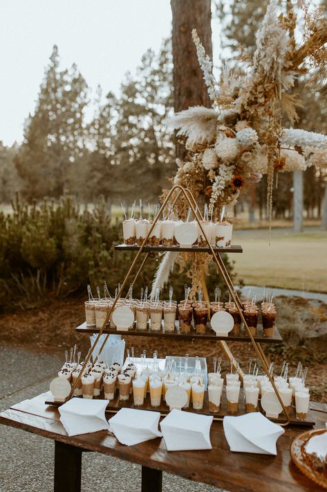 Bohemian Wedding Dessert Table, October Wedding Rehearsal Dinner, Dessert Table Backdrop Wedding, Cake In A Cup Wedding, Wedding Food Decorations, Neutral Wedding Dessert Table, Intimate Wedding Food Ideas, Boho Wedding After Party, Boho Birthday Dessert Table