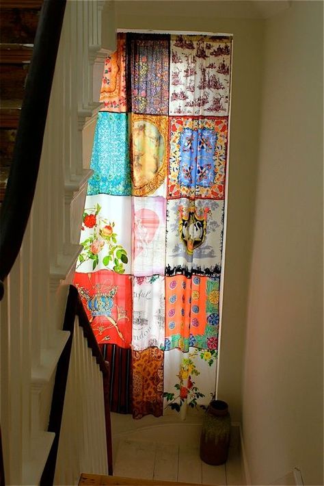 scarf curtain, would be a cute thing to do for the kitchen window to add color and pretty scarves! Scarf Curtains, Koti Diy, Patchwork Curtains, The Curtains, Interior Vintage, Dream House Decor, Autumn Home, Window Coverings, New Room