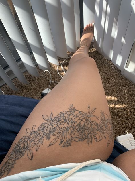 marigold/carnation flower thigh band tattoo Flower Thigh Band Tattoo, Thigh Band Tattoo, Marigold Tattoo, Thigh Band, Tattoo Thigh, Carnation Flower, Band Tattoo, Thigh Tattoo, Leaf Tattoos