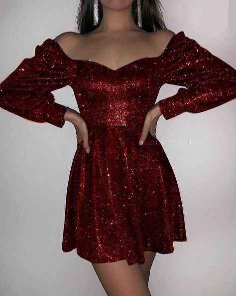 Sparkly Semi Formal Dresses, Red Hoco Dress Short Long Sleeve, Hoco Loose Dress, Sparkly Holiday Dress, Red Homecoming Dresses Long Sleeve, Red Glitter Outfit, Gryffindor Party Outfit, Red Glitter Dress Short, Glitter Outfit Aesthetic