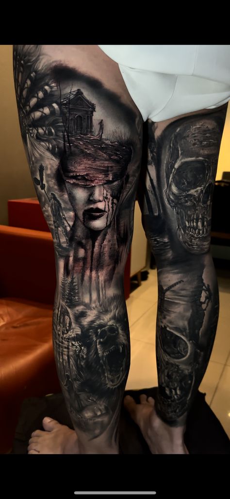 Scary Leg Sleeve Tattoo, Demonic Tattoos For Men, Leg Thigh Tattoos, Leg Sleeve Ideas, Zeus Tattoo, Horror Tattoos, Full Leg Tattoos, Realistic Tattoo Sleeve, Weird Drawings