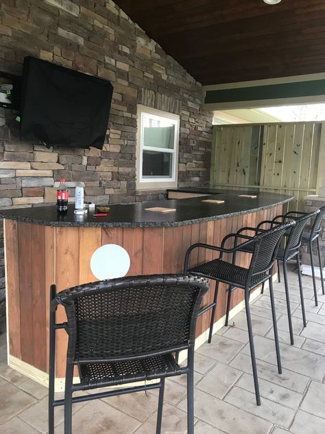 Our back porch bar Deck With Kitchen And Bar, Bar On Porch, Screen Porch Bar Ideas, Outdoor Bar Siding Ideas, Back Porch Bar Ideas, Porch Bar Ideas, Deck With Bar Counter, Back Porch Bar, Covered Patio With Bar Seating