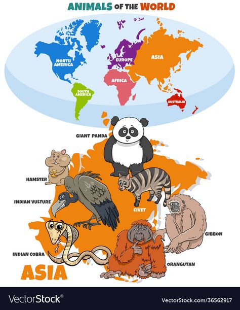 National Animals Of Countries, World Map With Continents, Asia Animals, Geography Kids, Homeschooling First Grade, Geography Themes, Continents Activities, World Map Continents, Asian Animals