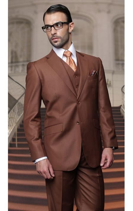 Sophisticated and stylish notch lapel two buttons side vented 3 Piece Suit with no pleated pants in copper color. Tan Groomsmen Suits, Tan Groomsmen, Black Pinstripe Suit, Suit Stores, Double Breasted Vest, Der Gentleman, Pleated Pant, Tan Suit, Big And Tall Suits