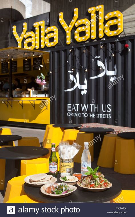 Yalla Yalla Lebanese Street Food Kitchen South Bank London Stock Photo Lebanese Street Food, Street Food Design, Shipping Container Architecture, Food Project, Container Architecture, London Food, South Bank, Cafe Interior Design, Fast Food Restaurant