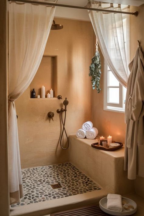 Spa-like shower space with candles and natural stone accents. Spa Massage Room Design, At Home Spa Room, Day Spa Interiors, Massage Room Ideas, Spa Massage Room, Massage Room Design, Massage Therapy Rooms, Home Spa Room, Space Saving Desk