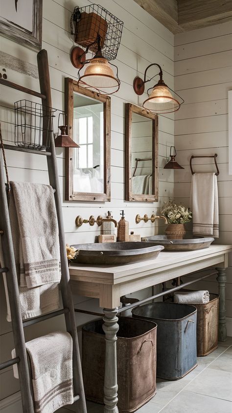 13 Charming Farmhouse Bathroom Ideas – Balanced Home Living Country Cottage Bedroom Decor, Farmhouse Bathroom Inspiration, Van Remodel, Rehab House, Modern Farmhouse Bathroom Ideas, Cottage Bedroom Decor, Country Cottage Bedroom, Industrial Bathroom Design, Small Farmhouse Bathroom