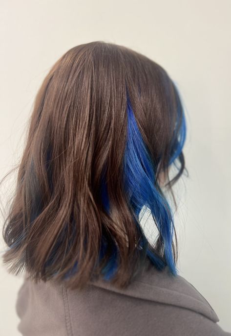 Brown Hair Blue Peekaboo, Subtle Blue Hair Brunette, Blue Streaks In Brown Hair Short, Blonde With Blue Peekaboo, Half Brown Half Blue Hair, Blue Peekaboo Hair Brown, Blue Dye On Brown Hair, Blue Hair Underneath Brown, Blue Highlights In Brown Hair Short