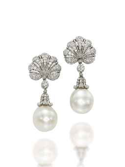 A PAIR OF CULTURED PEARL AND DIAMOND EAR PENDANTS, BY BUCCELLATI. Each designed as a pavé-set diamond shell, suspending a detachable cultured pearl drop with a pavé-set diamond cap, to the brilliant-cut diamond spacer, mounted in platinum and gold. Buccellati Jewelry, Kashmir Sapphire, Beautiful Diamond Earrings, The Bling Ring, Pink Diamond Ring, Jeweled Earrings, Pearl And Diamond Earrings, Expensive Jewelry, Royal Jewelry